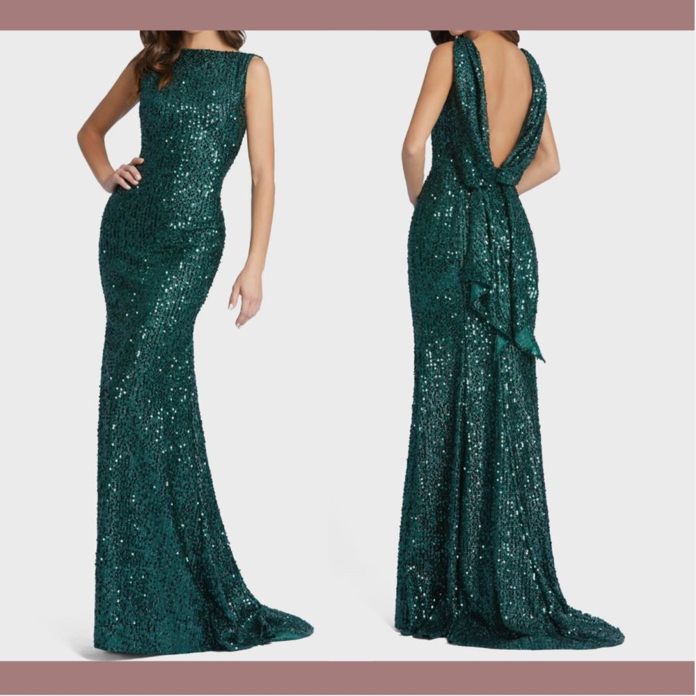 NWT $398 Ienna Mac Duggal Sequin Drape Back Trumpet Gown [‎ SZ 2 ] Emeral Green